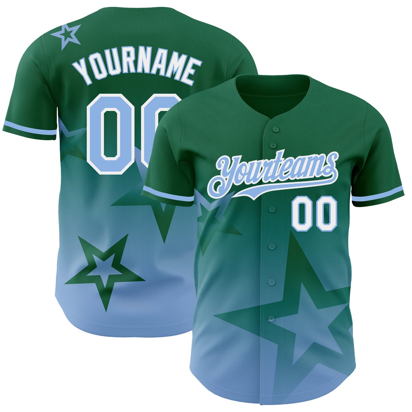Custom Kelly Green Light Blue-White 3D Pattern Design Gradient Style Twinkle Star Authentic Baseball Jersey... (Image 1)