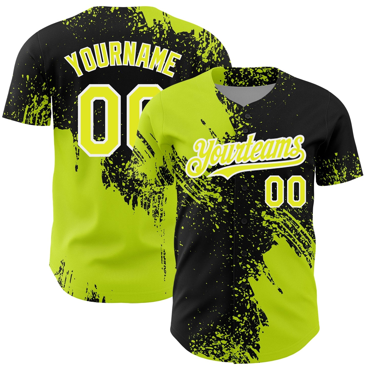 Custom Neon Yellow Black-White 3D Pattern Design Abstract Brush Stroke Authentic Baseball Jersey