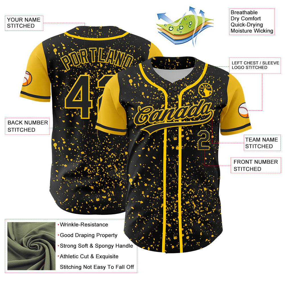 Custom Black Yellow 3D Pattern Design Abstract Splatter Ink Authentic Baseball Jersey T-Shirts, Hoodie, Sweatshirt (Image 3)
