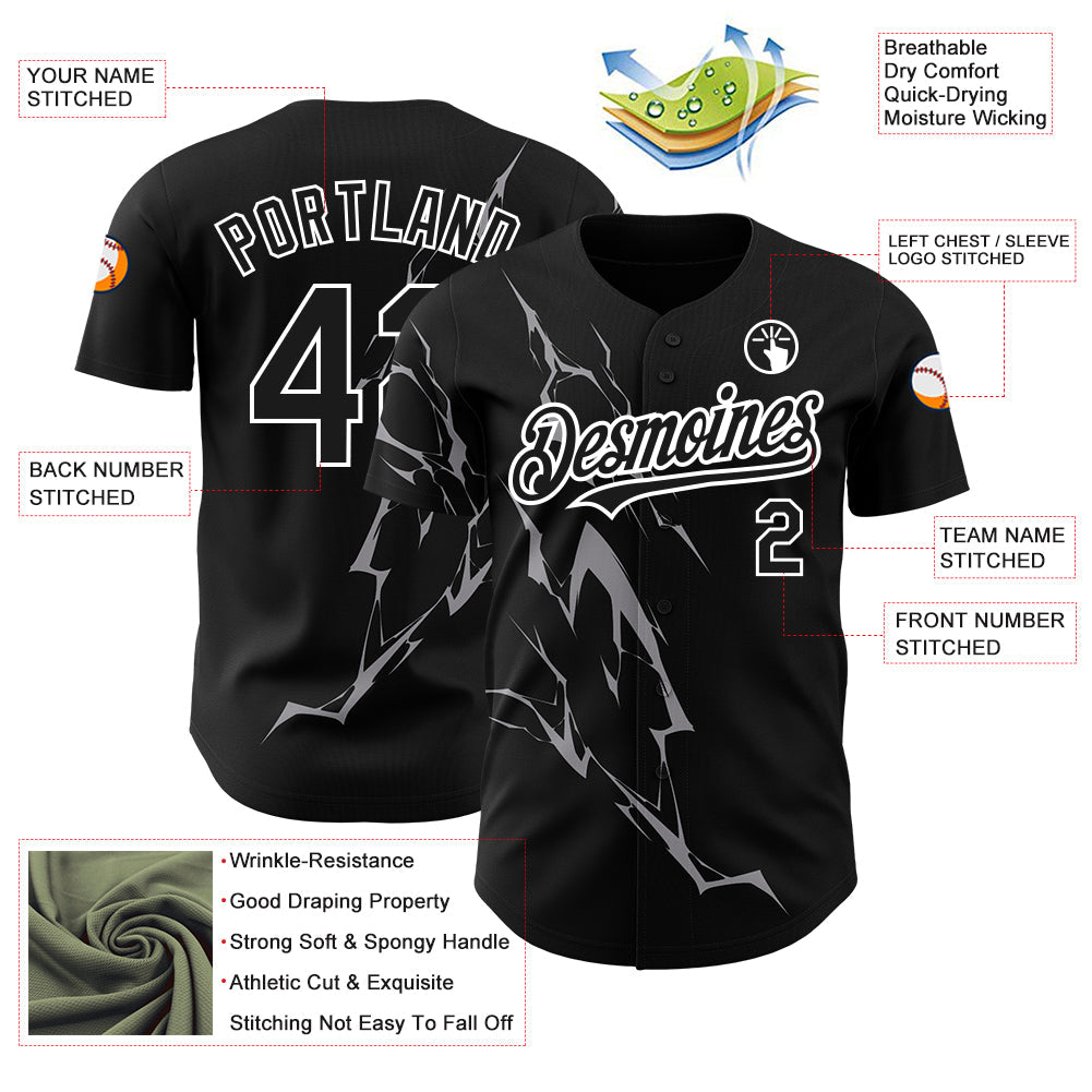Custom Black Gray-White 3D Pattern Design Lightning Authentic Baseball Jersey T-Shirts, Hoodie, Sweatshirt (Image 3)