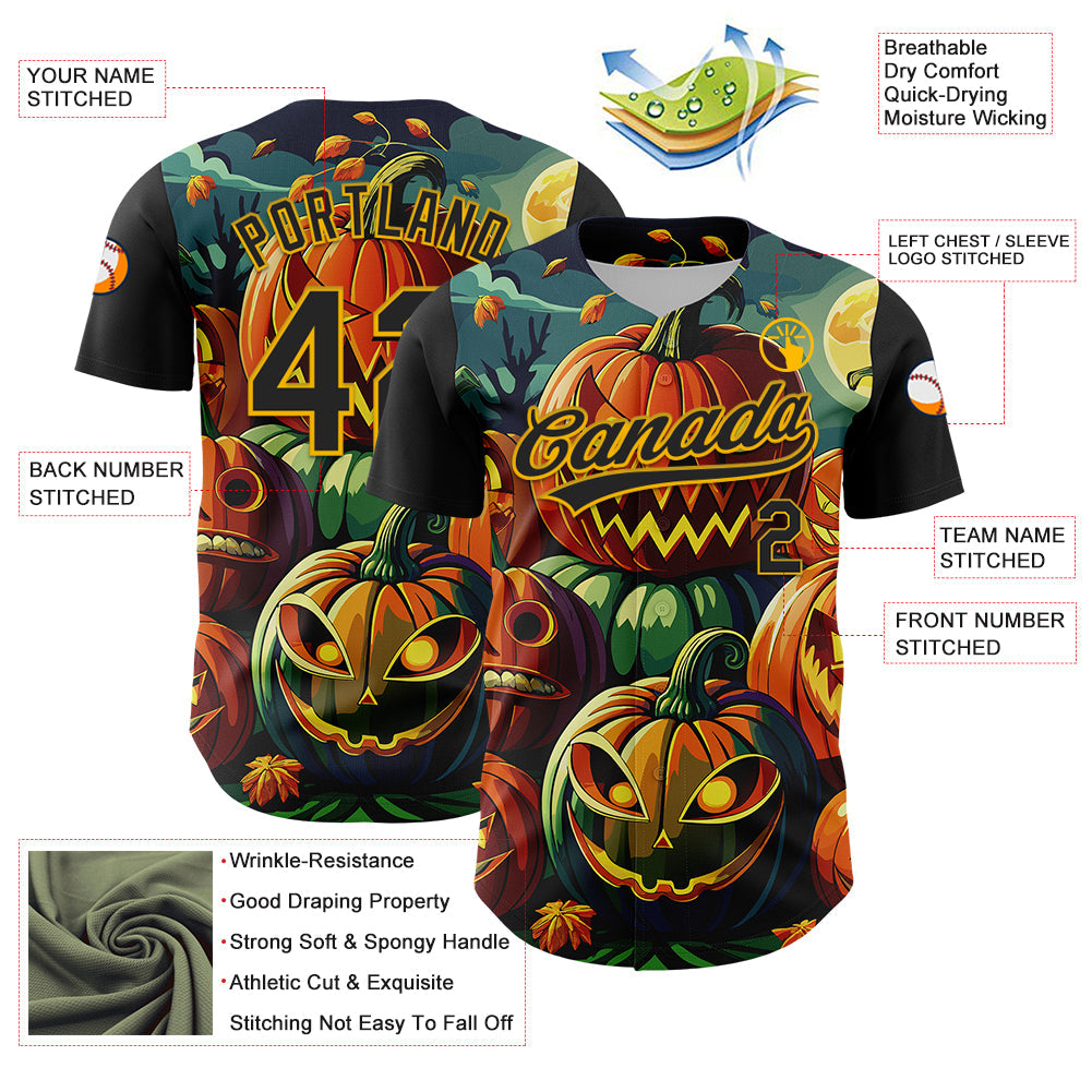 Custom Black Gold 3D Halloween Authentic Baseball Jersey T-Shirts, Hoodie, Sweatshirt | WearSparks.com (Image 3)