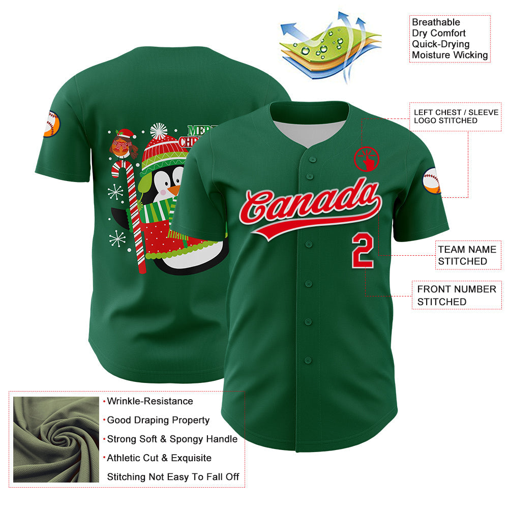 Custom Kelly Green Fire Red-White 3D Funny Christmas Authentic Baseball Jersey T-Shirts, Hoodie, Sweatshirt (Image 3)