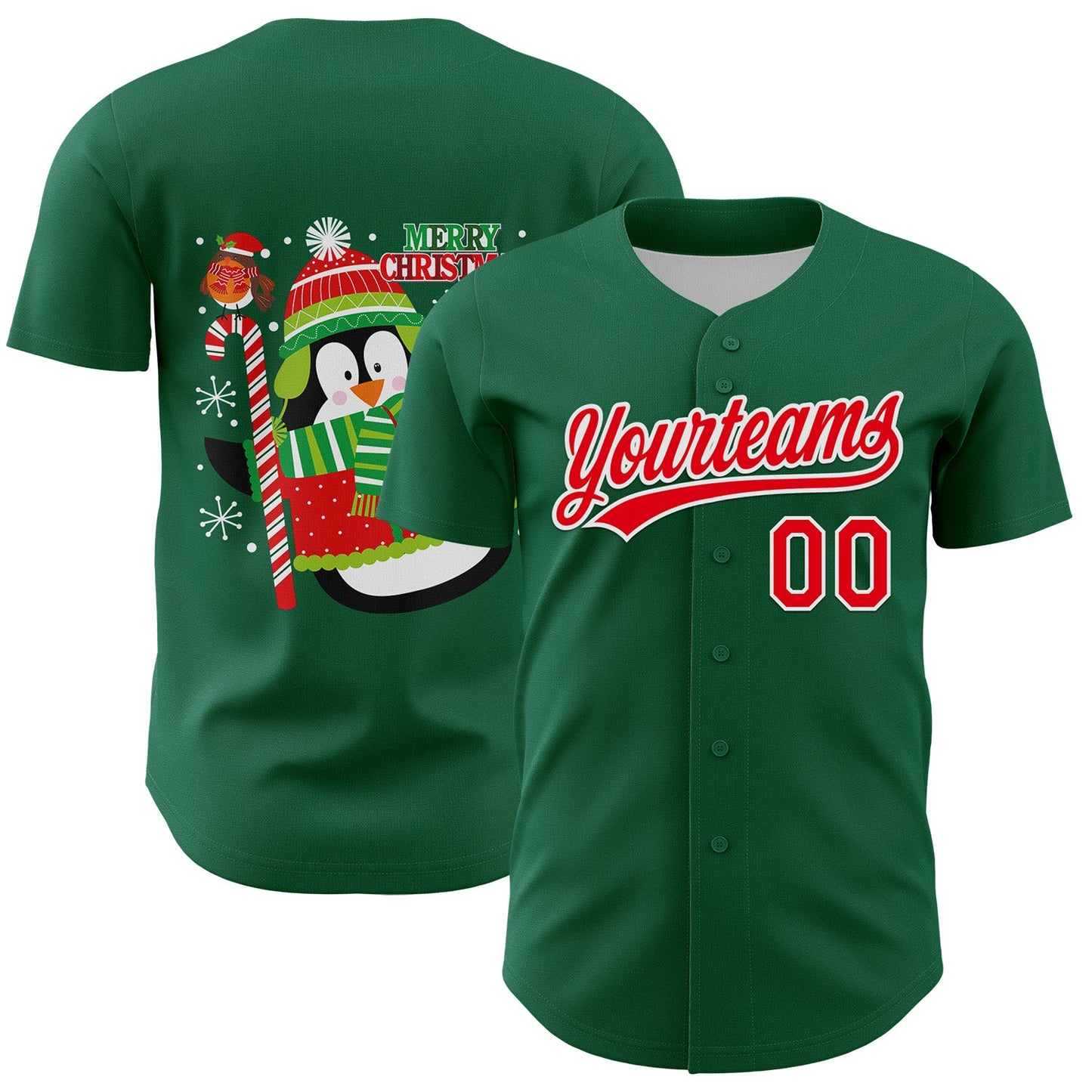 Custom Kelly Green Fire Red-White 3D Funny Christmas Authentic Baseball Jersey T-Shirts, Hoodie, Sweatshirt (Image 1)