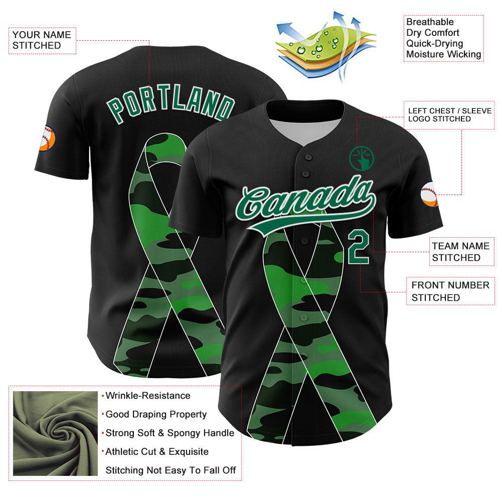 Custom Black Kelly Green-White 3D Liver Cancer Ribbon Authentic Baseball Jersey T-Shirts, Hoodie, Sweatshirt (Image 3)