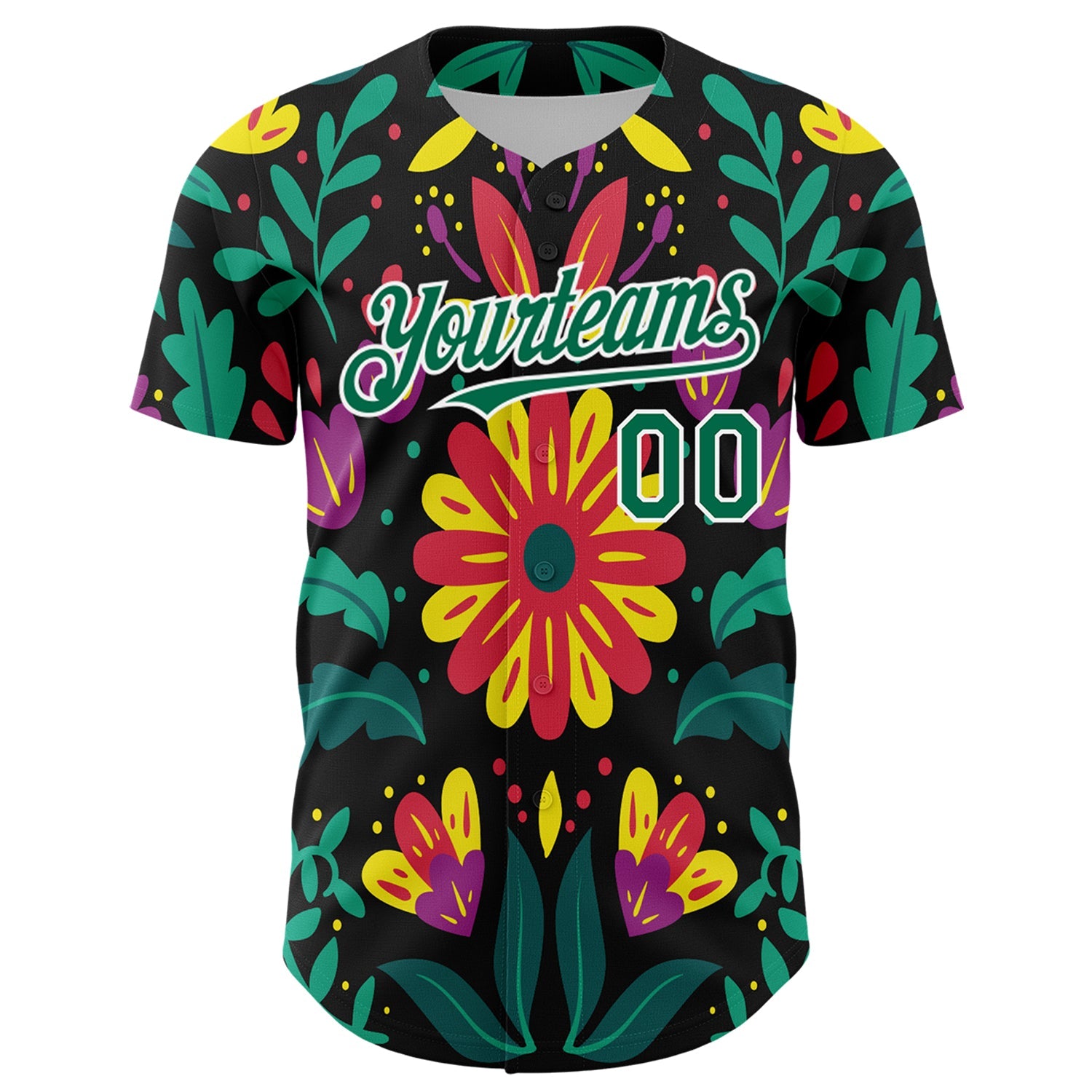 Custom Black Kelly Green-White 3D Mexican Festival Flower Cinco de Mayo Authentic Baseball Jersey T-Shirts,... (Image 2)