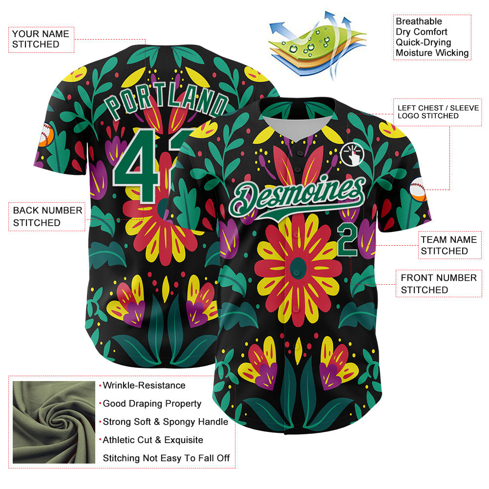 Custom Black Kelly Green-White 3D Mexican Festival Flower Cinco de Mayo Authentic Baseball Jersey T-Shirts,... (Image 3)