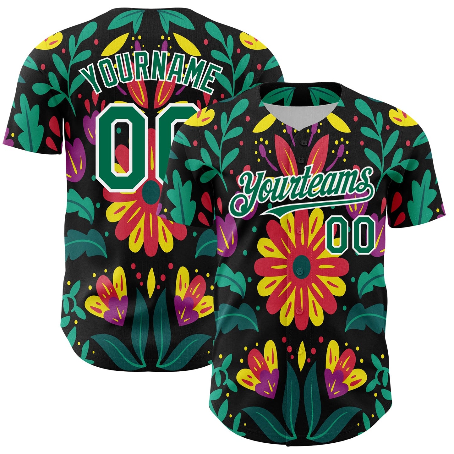 Custom Black Kelly Green-White 3D Mexican Festival Flower Cinco de Mayo Authentic Baseball Jersey T-Shirts,... (Image 1)