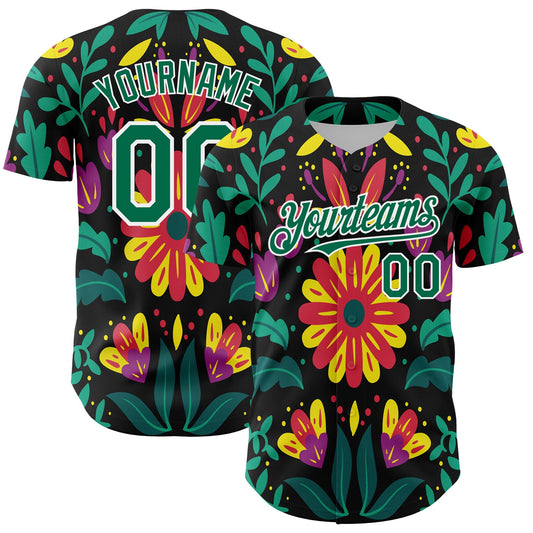 Custom Black Kelly Green-White 3D Mexican Festival Flower Cinco de Mayo Authentic Baseball Jersey T-Shirts,... (Image 1)
