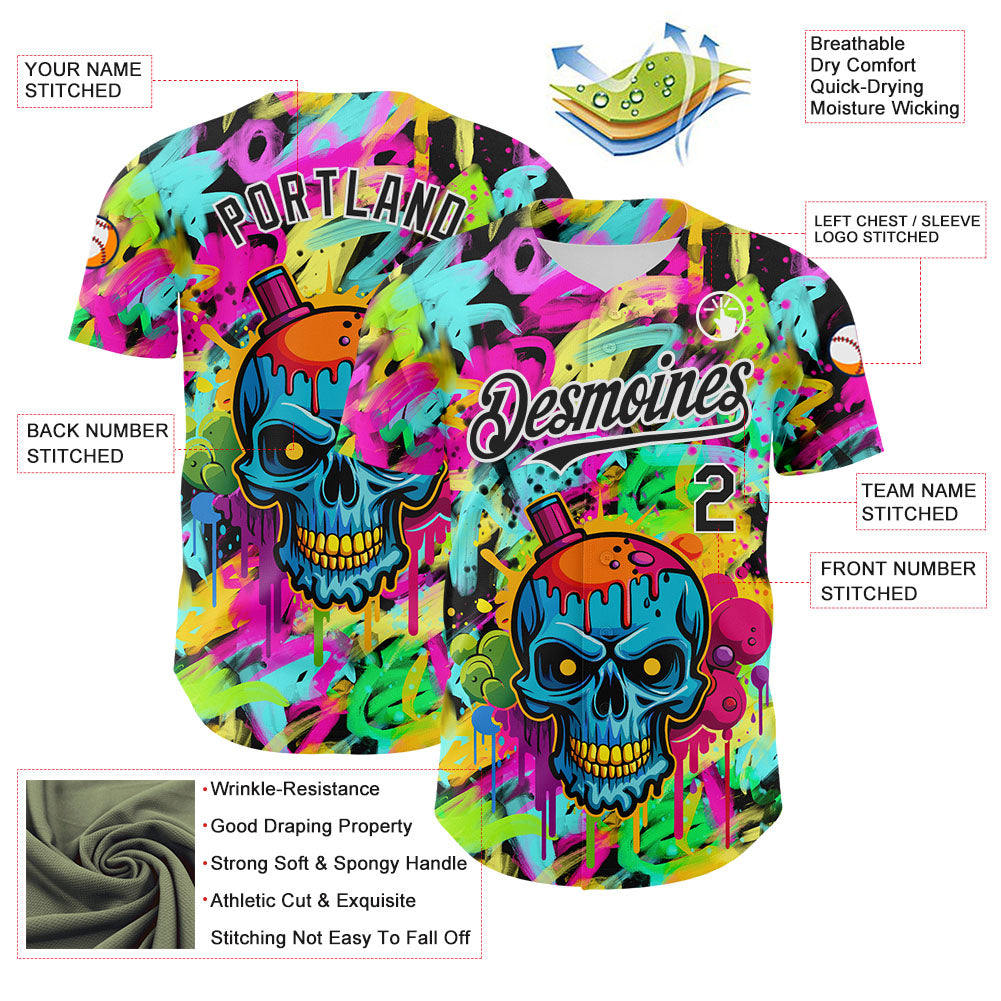 Custom Black White 3D Graffiti Skull Authentic Baseball Jersey
