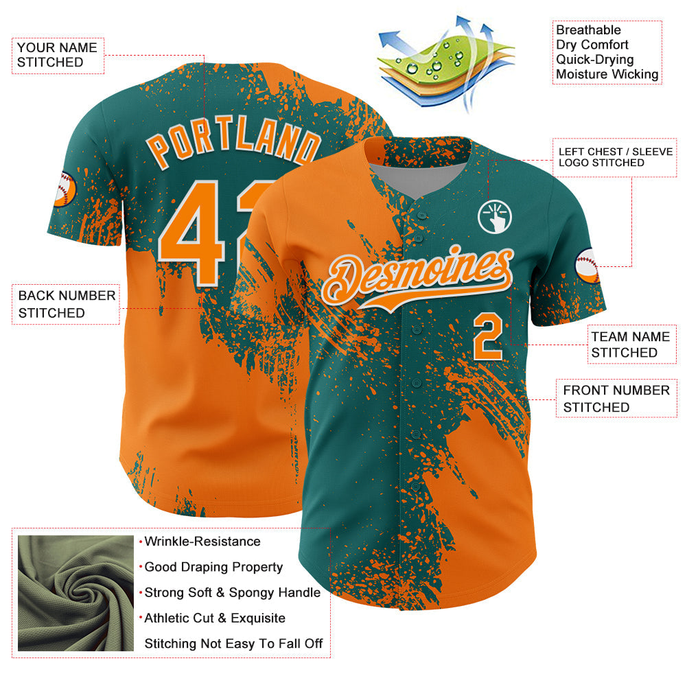 Custom Bay Orange Teal-White 3D Pattern Design Abstract Brush Stroke Authentic Baseball Jersey T-Shirts,... (Image 3)