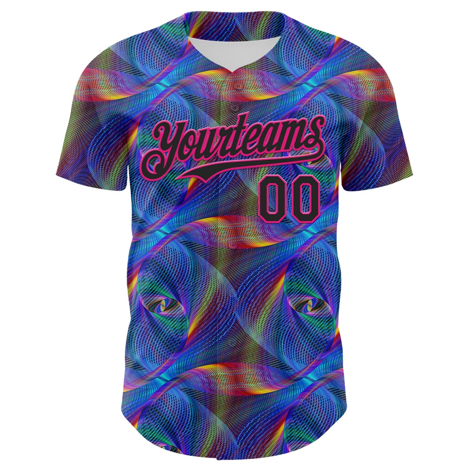 Custom Black Hot Pink 3D Pattern Design Rave Psychedelic Fractal Style Authentic Baseball Jersey T-Shirts,... (Image 2)
