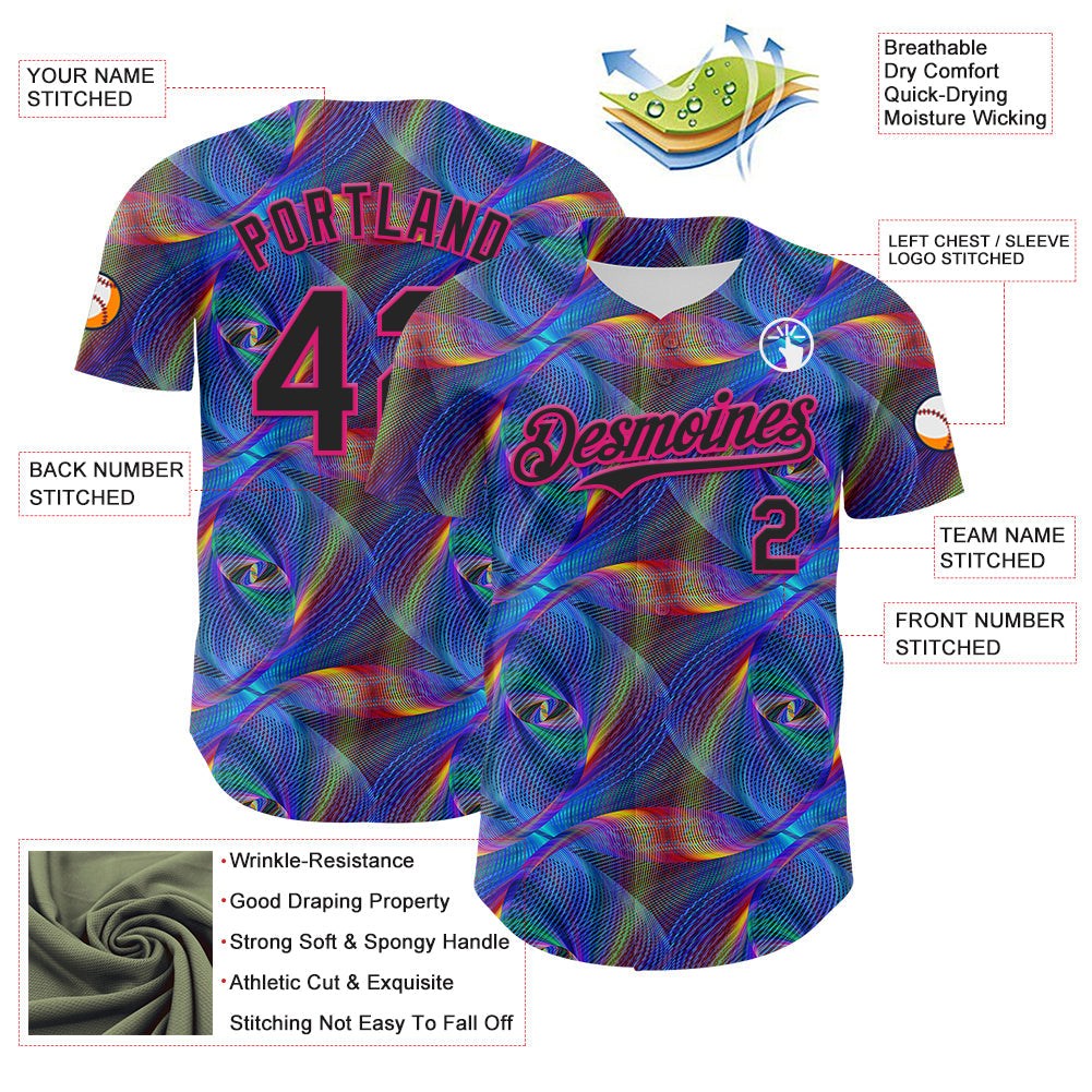 Custom Black Hot Pink 3D Pattern Design Rave Psychedelic Fractal Style Authentic Baseball Jersey T-Shirts,... (Image 3)