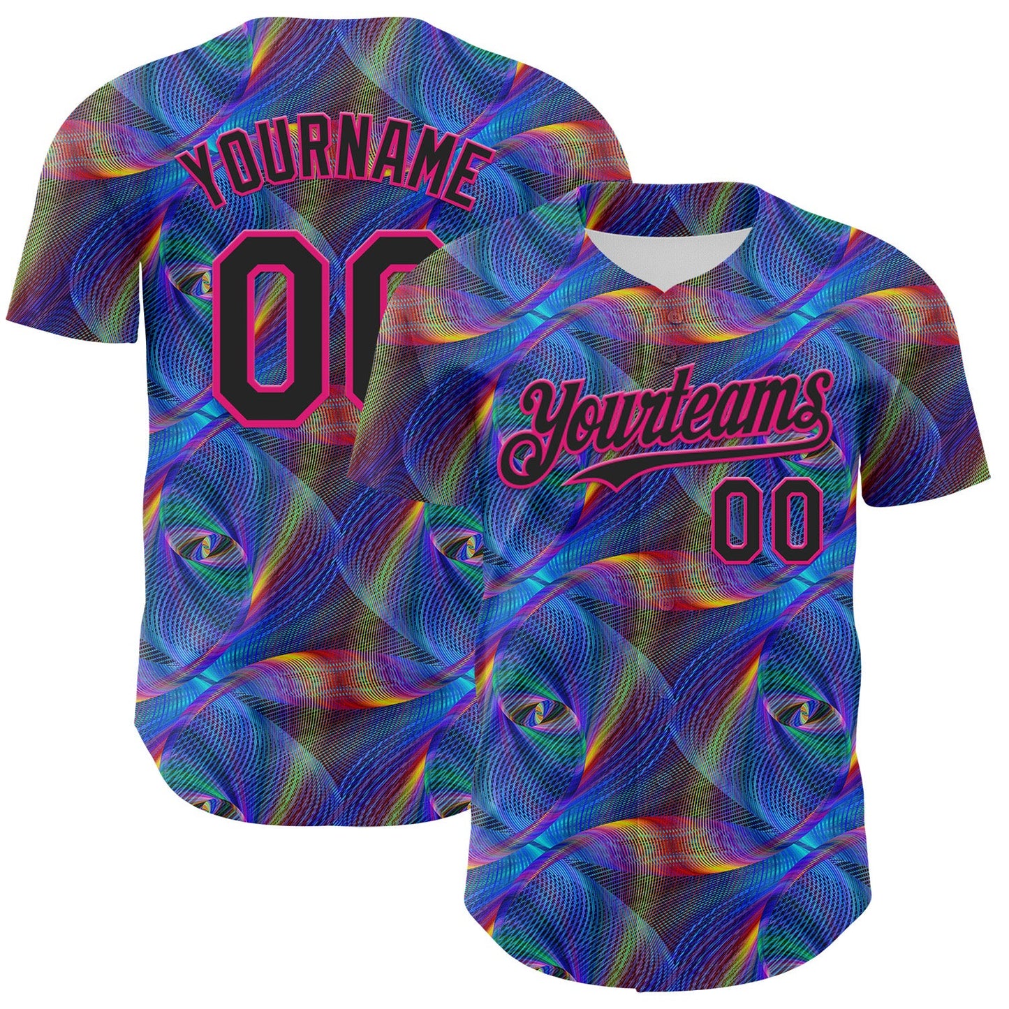 Custom Black Hot Pink 3D Pattern Design Rave Psychedelic Fractal Style Authentic Baseball Jersey T-Shirts,... (Image 1)
