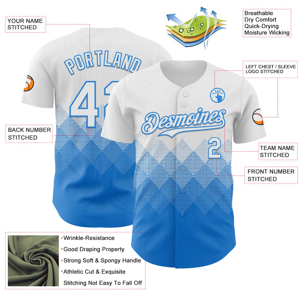 Custom White Electric Blue 3D Gradient Square Shape Authentic Baseball Jersey
