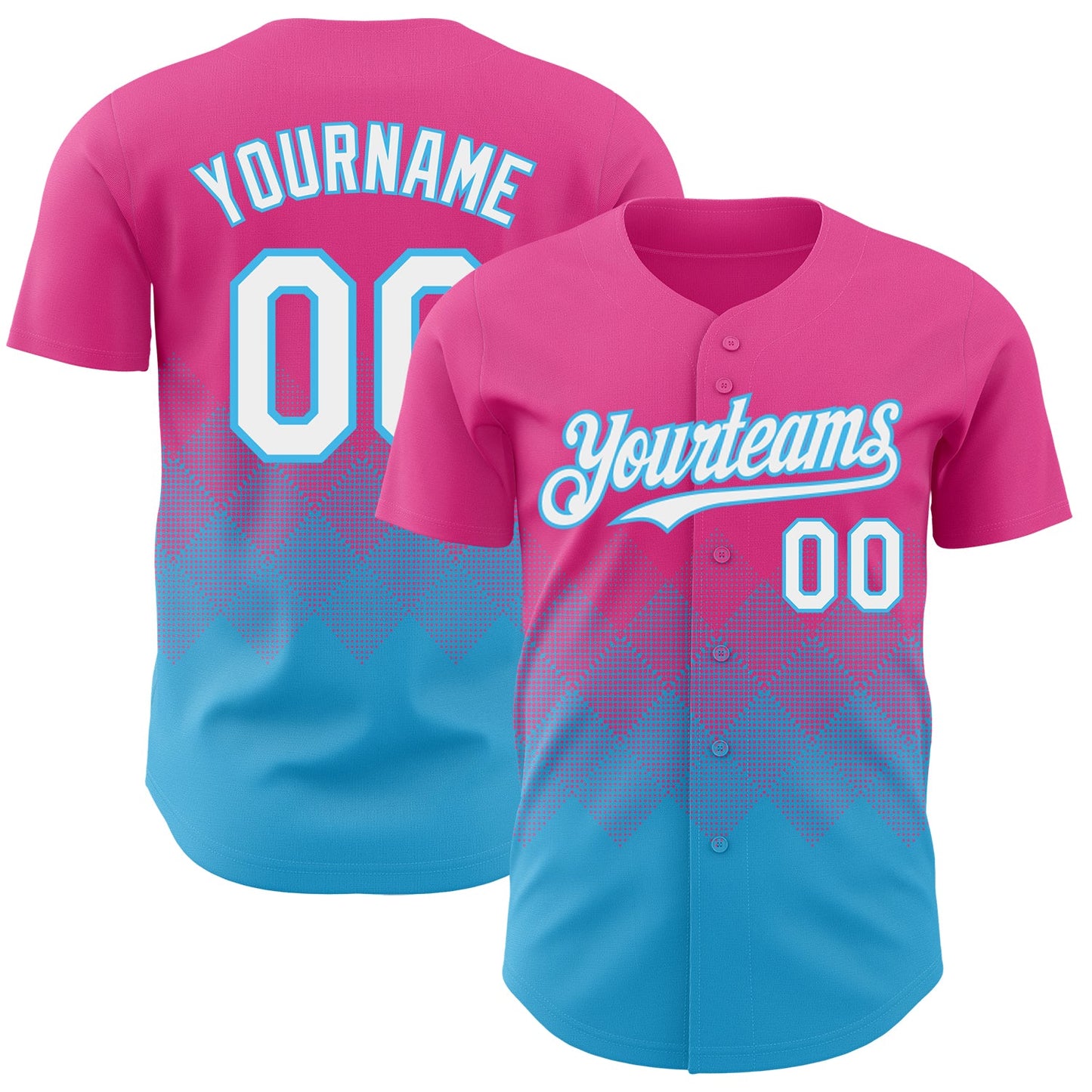 Custom Pink White-Sky Blue 3D Gradient Square Shape Authentic Baseball Jersey