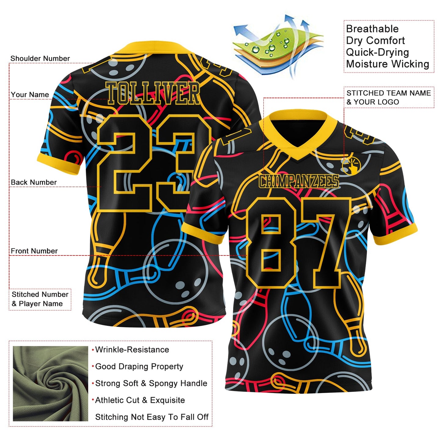 Custom Black Yellow 3D Pattern Bowling Authentic Football Jersey T-Shirts, Hoodie, Sweatshirt | WearSparks.com (Image 3)