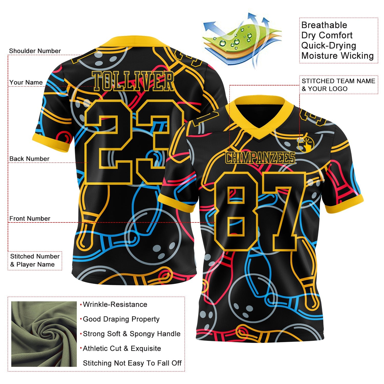 Custom Black Yellow 3D Pattern Bowling Authentic Football Jersey T-Shirts, Hoodie, Sweatshirt | WearSparks.com (Image 3)