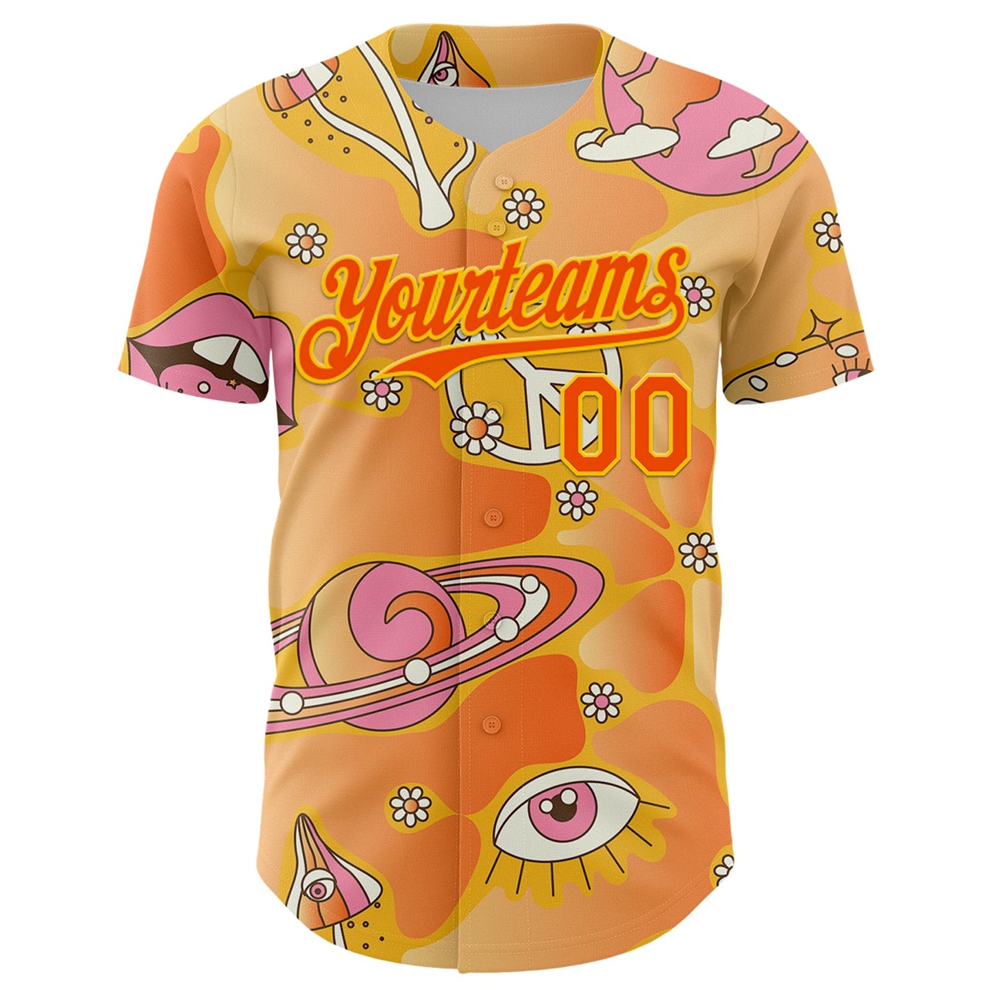 Custom Gold Orange-Yellow 3D Pattern Design Trippy Magic Mushrooms Groove Authentic Baseball Jersey T-Shirts,... (Image 2)