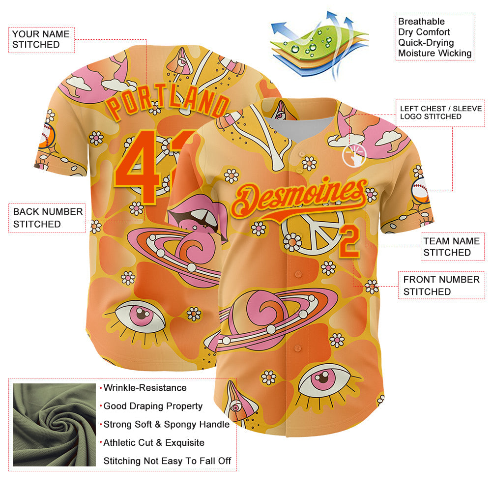 Custom Gold Orange-Yellow 3D Pattern Design Trippy Magic Mushrooms Groove Authentic Baseball Jersey T-Shirts,... (Image 3)