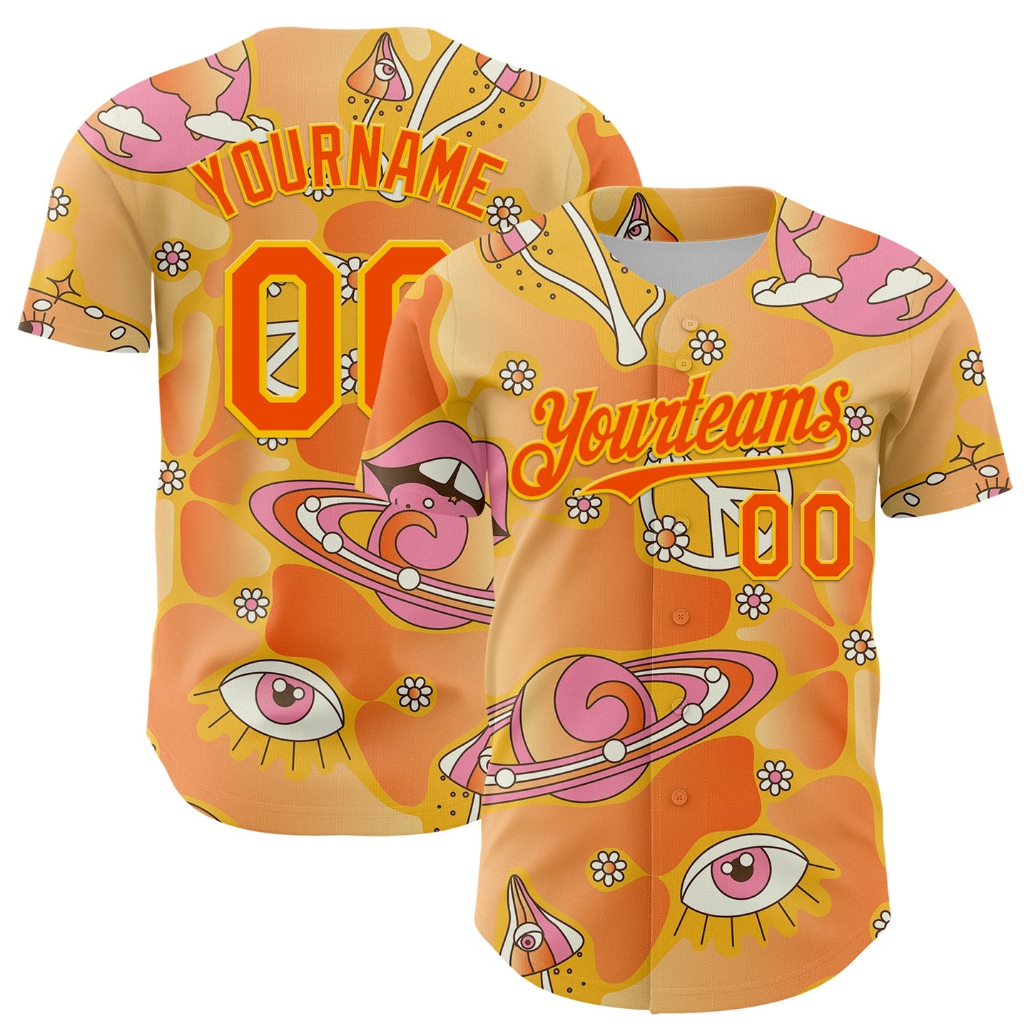 Custom Gold Orange-Yellow 3D Pattern Design Trippy Magic Mushrooms Groove Authentic Baseball Jersey T-Shirts,... (Image 1)