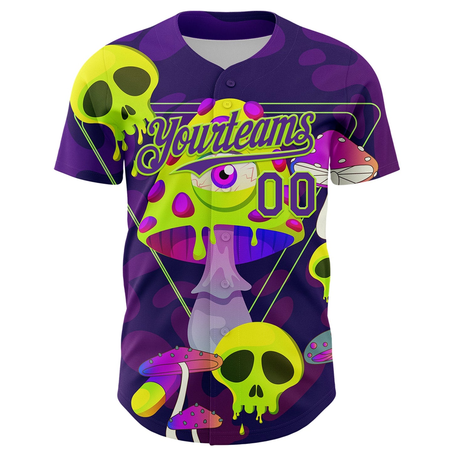 Custom Black Purple-Neon Green 3D Pattern Design Trippy Magic Mushrooms Skull Authentic Baseball Jersey