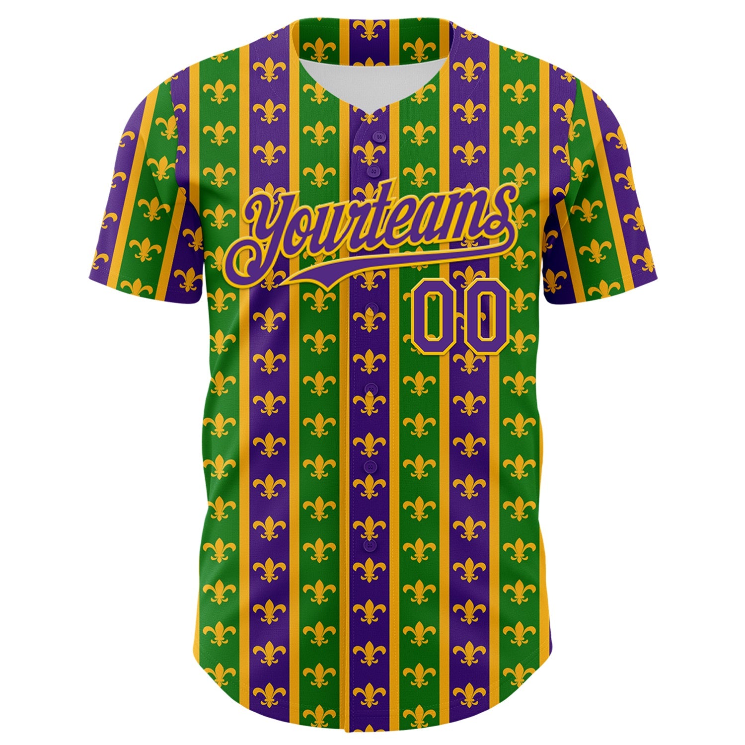 Custom Green Purple-Gold 3D Pattern Design Mardi Gras Shrove Tuesday Authentic Baseball Jersey T-Shirts,... (Image 2)
