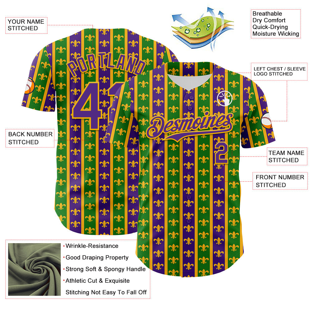 Custom Green Purple-Gold 3D Pattern Design Mardi Gras Shrove Tuesday Authentic Baseball Jersey T-Shirts,... (Image 3)