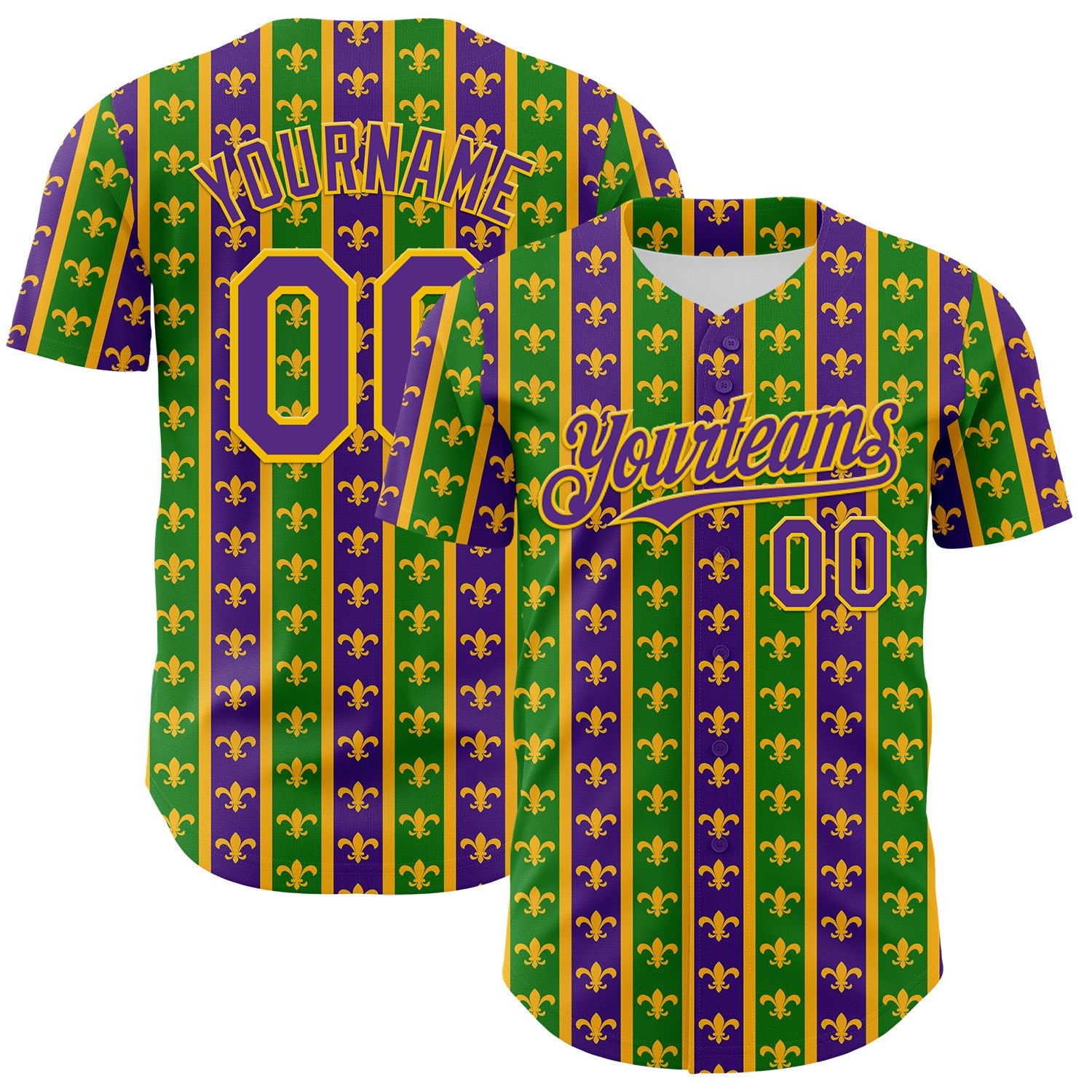 Custom Green Purple-Gold 3D Pattern Design Mardi Gras Shrove Tuesday Authentic Baseball Jersey T-Shirts,... (Image 1)