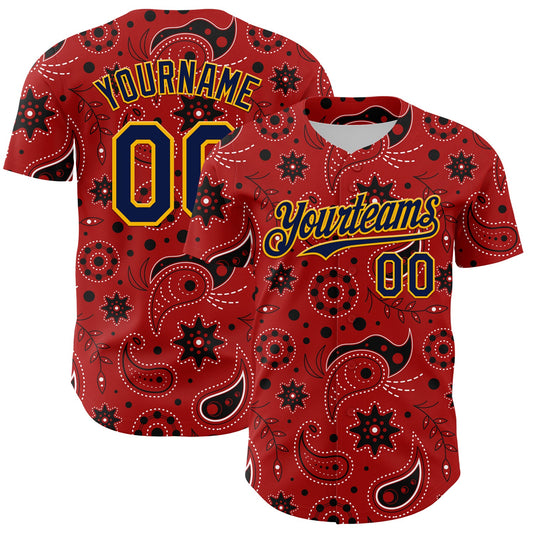 Custom Red Navy-Gold 3D Pattern Design Burner Costumes Paisley Bandana Authentic Baseball Jersey