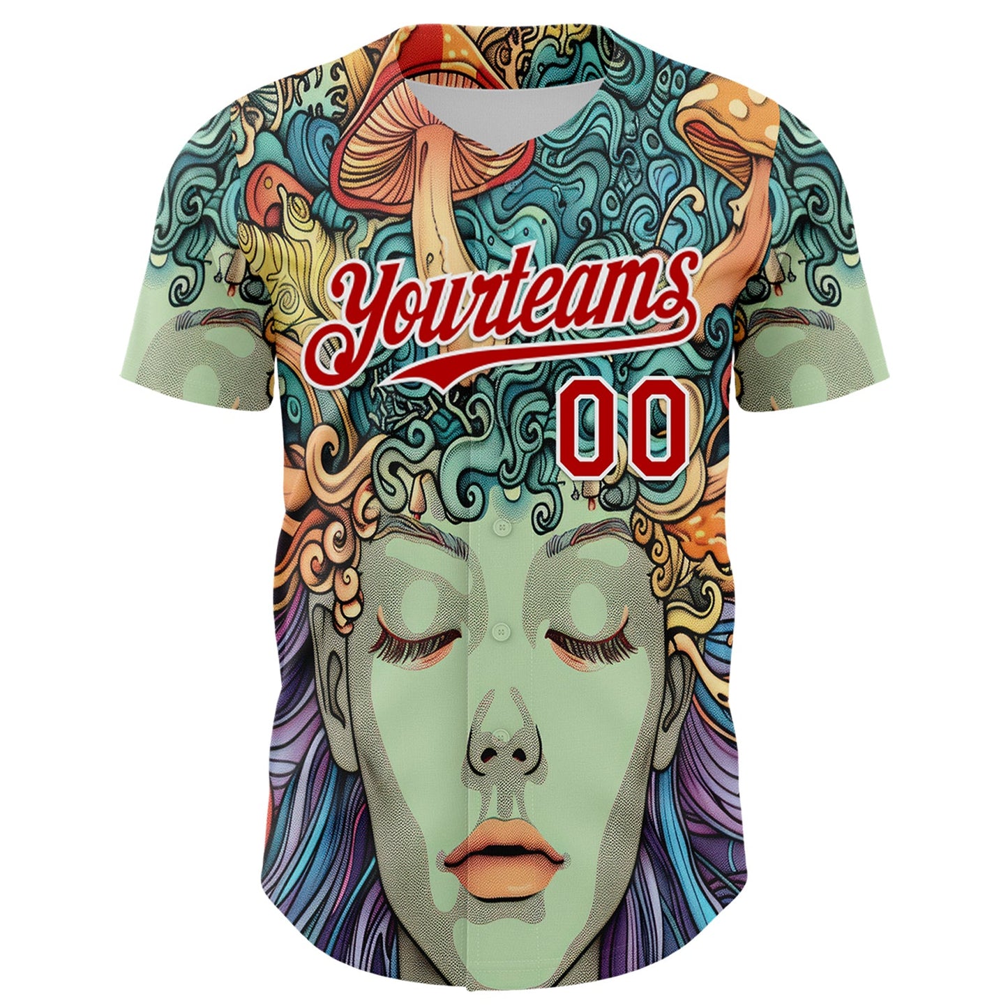 Custom Green Red-White 3D Pattern Design Rave Party Trippy Magic Mushroom Authentic Baseball Jersey T-Shirts,... (Image 2)
