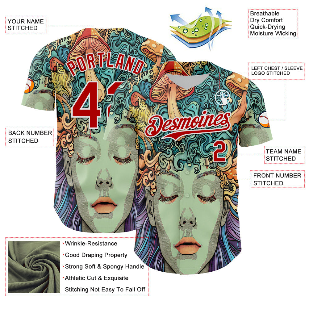 Custom Green Red-White 3D Pattern Design Rave Party Trippy Magic Mushroom Authentic Baseball Jersey T-Shirts,... (Image 3)