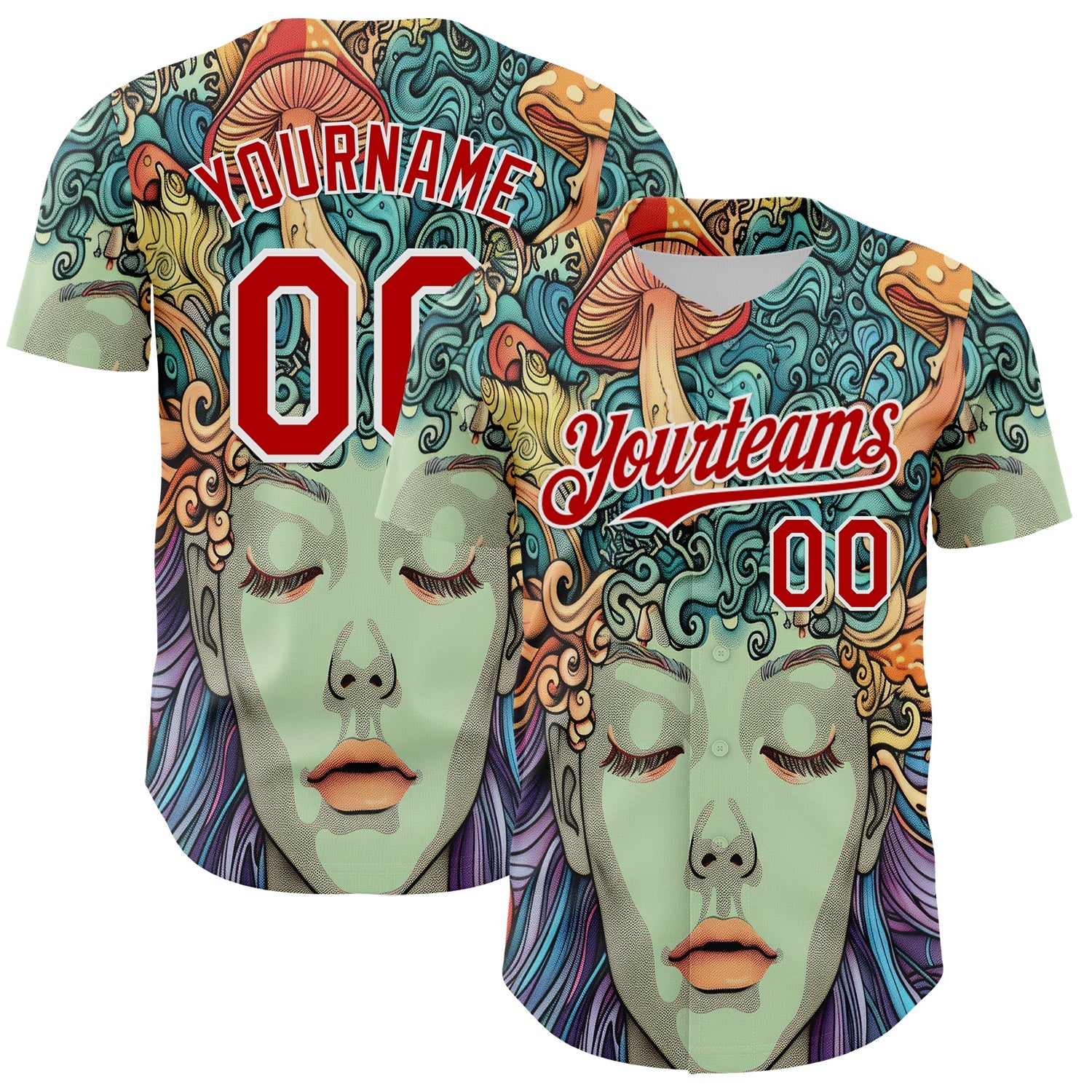 Custom Green Red-White 3D Pattern Design Rave Party Trippy Magic Mushroom Authentic Baseball Jersey T-Shirts,... (Image 1)