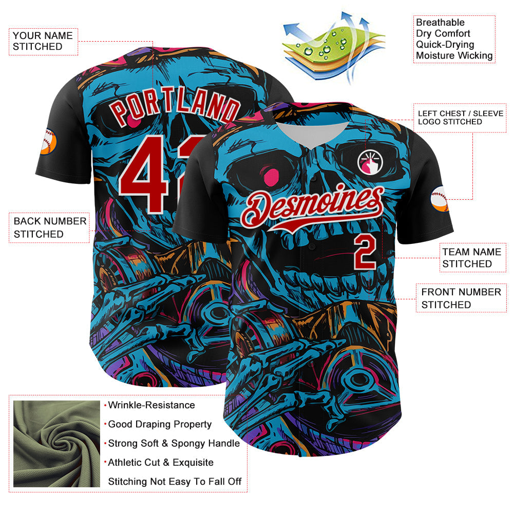 Custom Black Red-White 3D Pattern Design Burner Costumes Horror Skull Authentic Baseball Jersey T-Shirts,... (Image 3)