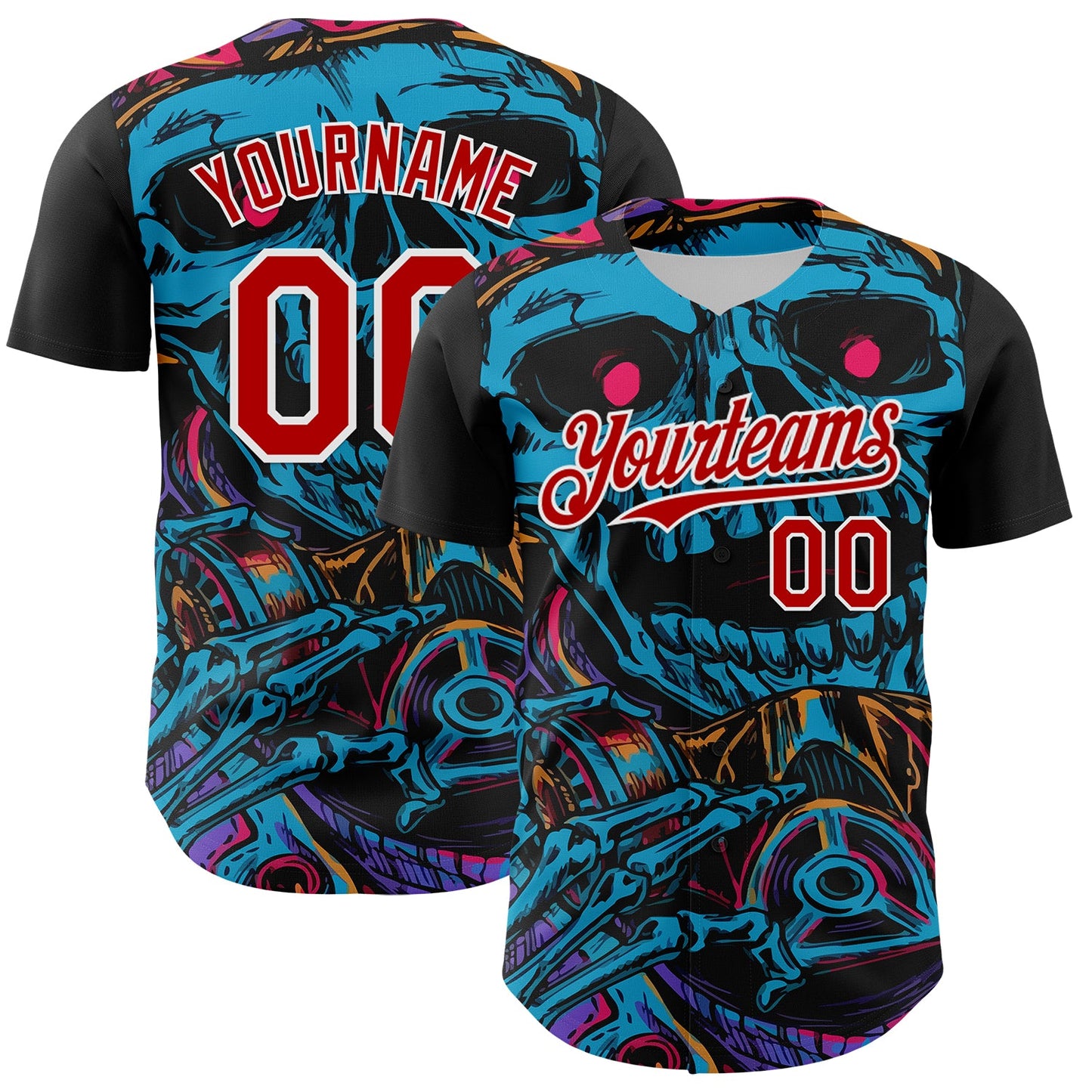 Custom Black Red-White 3D Pattern Design Burner Costumes Horror Skull Authentic Baseball Jersey T-Shirts,... (Image 1)