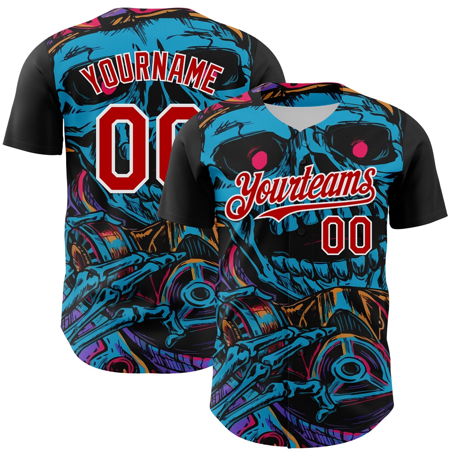 Custom Black Red-White 3D Pattern Design Burner Costumes Horror Skull Authentic Baseball Jersey T-Shirts,... (Image 1)