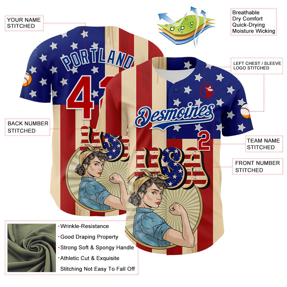 Custom Cream Red Royal-White 3D Retro American Flag Authentic Baseball Jersey