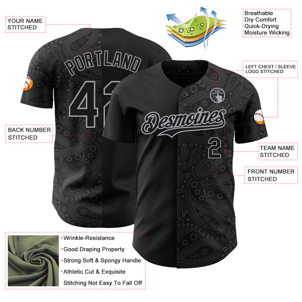 Custom Black Gray Rave Party Ethnic Paisley Bandana Authentic Baseball Jersey
