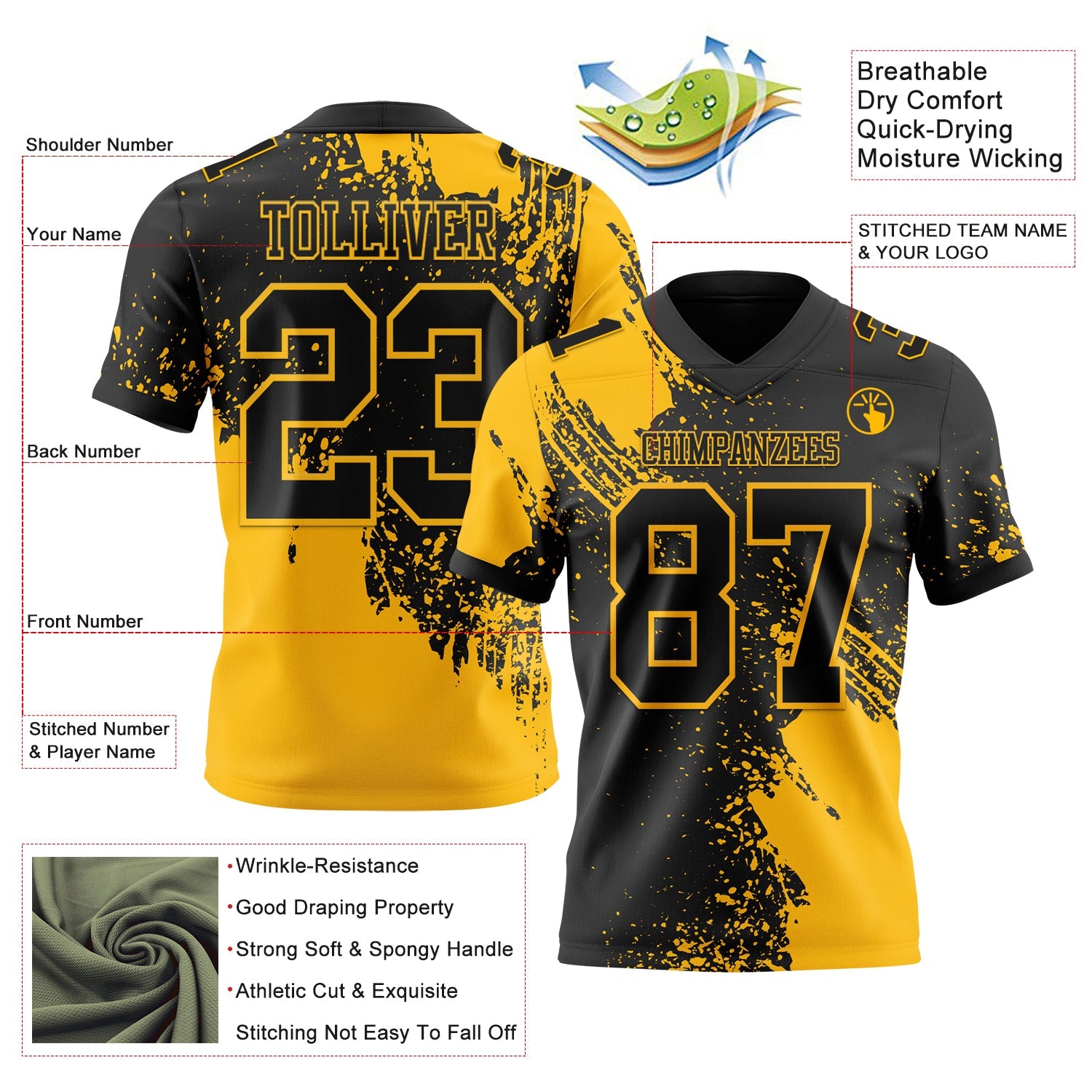Custom Black Gold 3D Pattern Abstract Brush Stroke Authentic Football Jersey T-Shirts, Hoodie, Sweatshirt (Image 2)