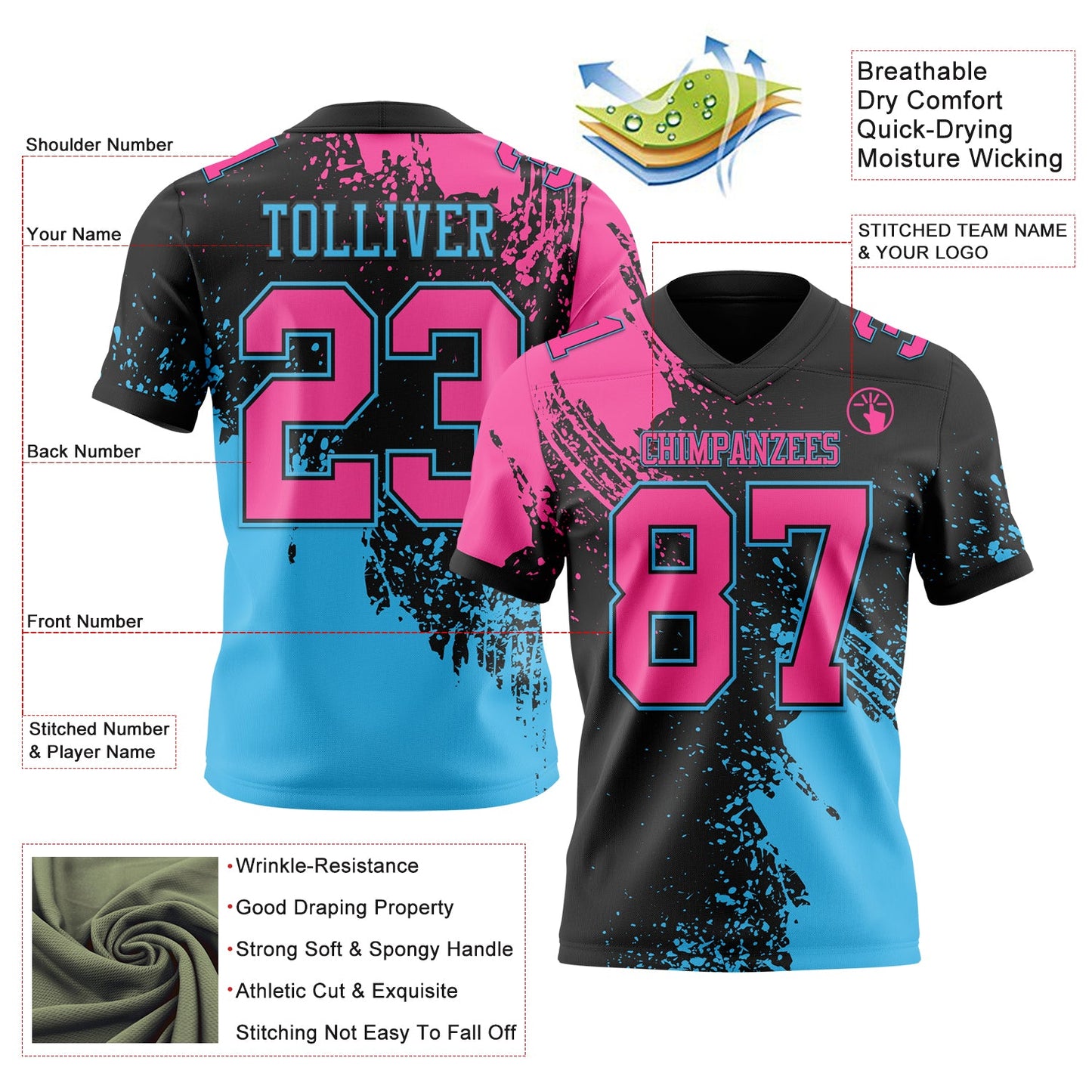 Custom Black Pink-Sky Blue 3D Pattern Abstract Brush Stroke Authentic Football Jersey T-Shirts, Hoodie, Sweatshirt (Image 2)