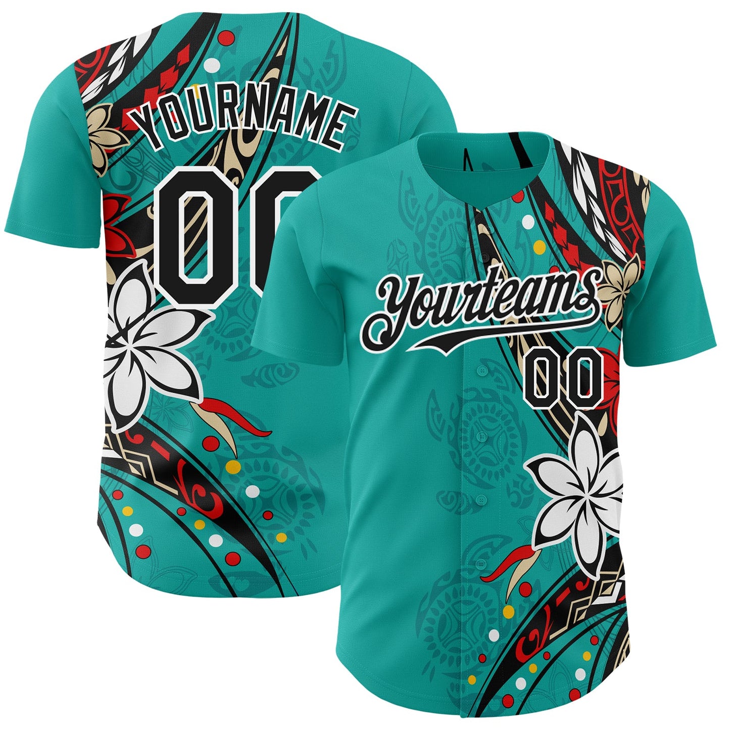 Custom Teal Black-White Hawaii Flower Authentic Baseball Jersey