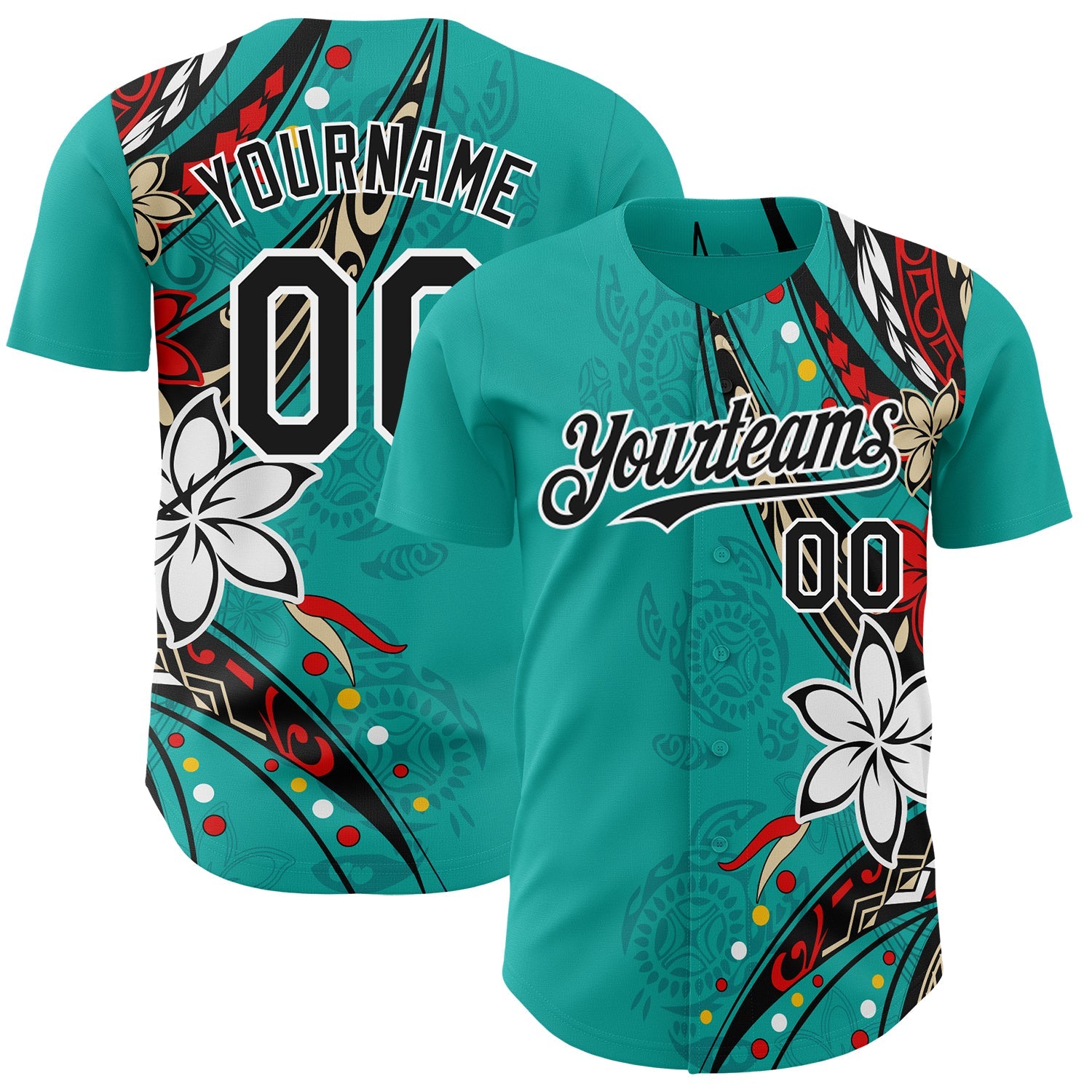 Custom Teal Black-White Hawaii Flower Authentic Baseball Jersey