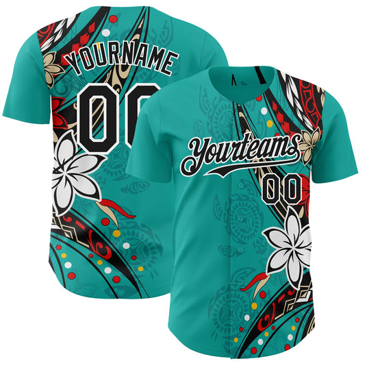 Custom Teal Black-White Hawaii Flower Authentic Baseball Jersey