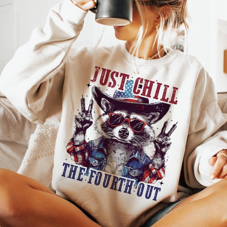 Raccoon Just chill the Fourth Out Shirt - Casual Graphic T-Shirt, 3/4 Length, Crew Neck,  Suitable for All Seasons...