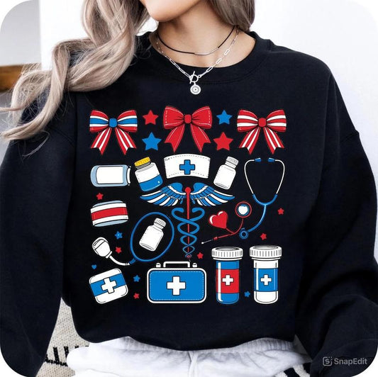 4th July ICU CRNA Surgical Medical Girly Shirt, 4th Of July Coquette Tee, Nurse Bow Ribbon Stethoscope Coquette Bow...