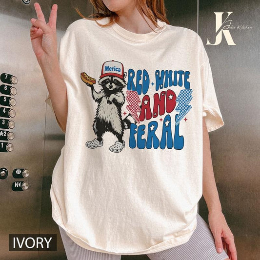 4th Of July Comfort Colors Shirt, Red White And Feral Tee, Funny USA Shirt, Funny Raccoon Shirt, Feral T-Shirt, Hotdog...