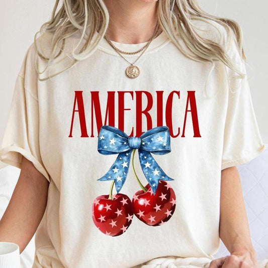 4th of July Bow Coquette T-Shirt, Cherry Shirt, American Flag Tee, Independence Day, Womens T-Shirt, Patriotic , Red...