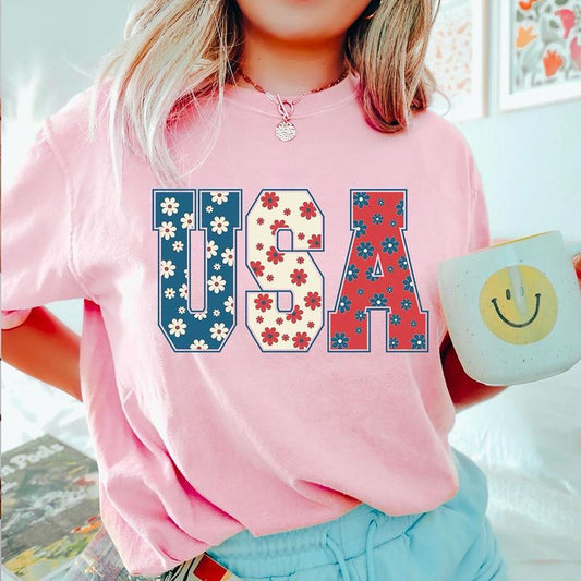 4th of July Floral Shirt, USA Floral Flowers Shirt, Independence Day Sweatshirt, Floral USA Shirt, American Flag Flower...
