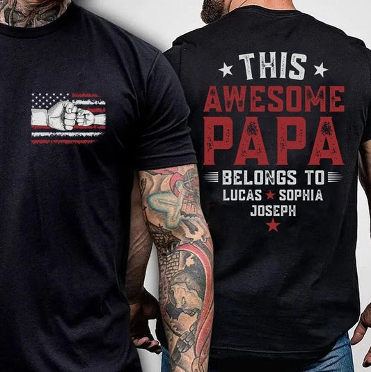 4th of July Papa Shirt, This awesome Papa Belongs to Shirt, Personalized Papa Shirt, Custom Grandkids Hands American Flag...