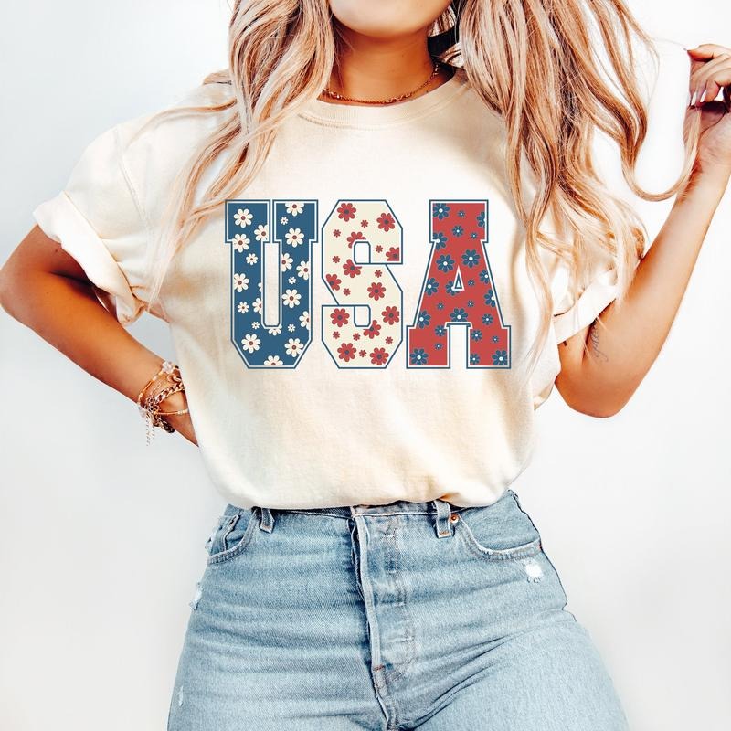 4th of July Shirt - USA Floral Flowers Shirt - Independence day Women Tee & Sweatshirt Hoodie | WearSparks.com