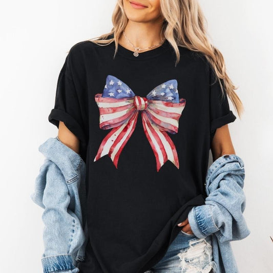 4th of July Shirt, Coquette American Flag Shirt, USA Bow Shirt, 4th of July Tee, Women's Patriotic Shirt, Red White and...
